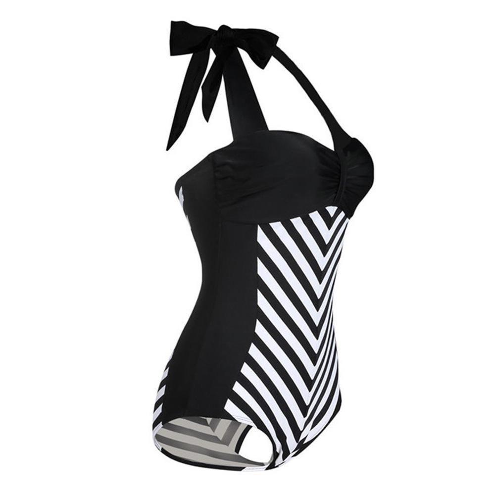 Elegante Costume da Bagno Nero con Scollo a V Profondo e Spalline Sottili Taglie Forti per Costumi da Bagno a Strisce Donna
