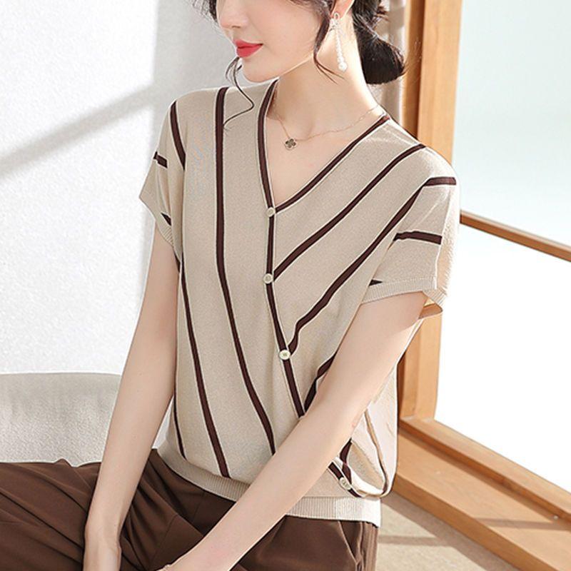 Mom Summer Striped Short Sleeved Ice Silk Knitted T-shirt Women's V-neck Top Thin