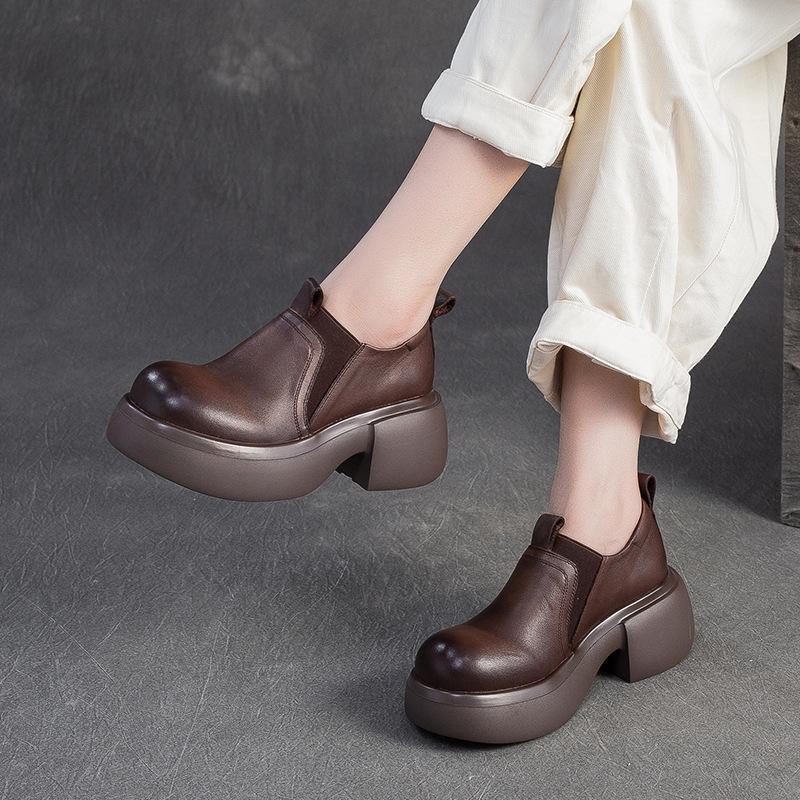 Fashion Spring Autumn British Big Head Genuine Leather Shoes for Women Thick Soled Platform Shoe Retro Height Increasing Women's Shoes