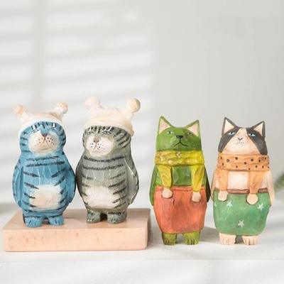 Cartoon Wood Carving Cat Ornament Unique Traditional Hand Engraving Cat Decorations Handmade Cat Figurines Gift Giving