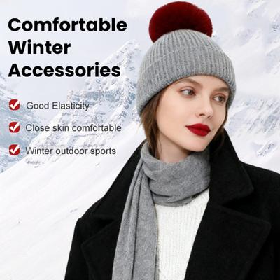 3Pcs/Set Women Winter Hat Scarf Gloves Set Plush Ball Decor Elastic Knitting Hat Long Scarf Touch Screen Gloves Set