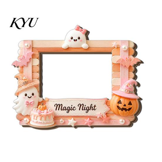 Decorative Magnetic Frame Halloween Photo Refrigerator Magnet, Ghost Pumpkin Picture Room Decor Holder, Wooden for Holiday Party Kitchen Magnet