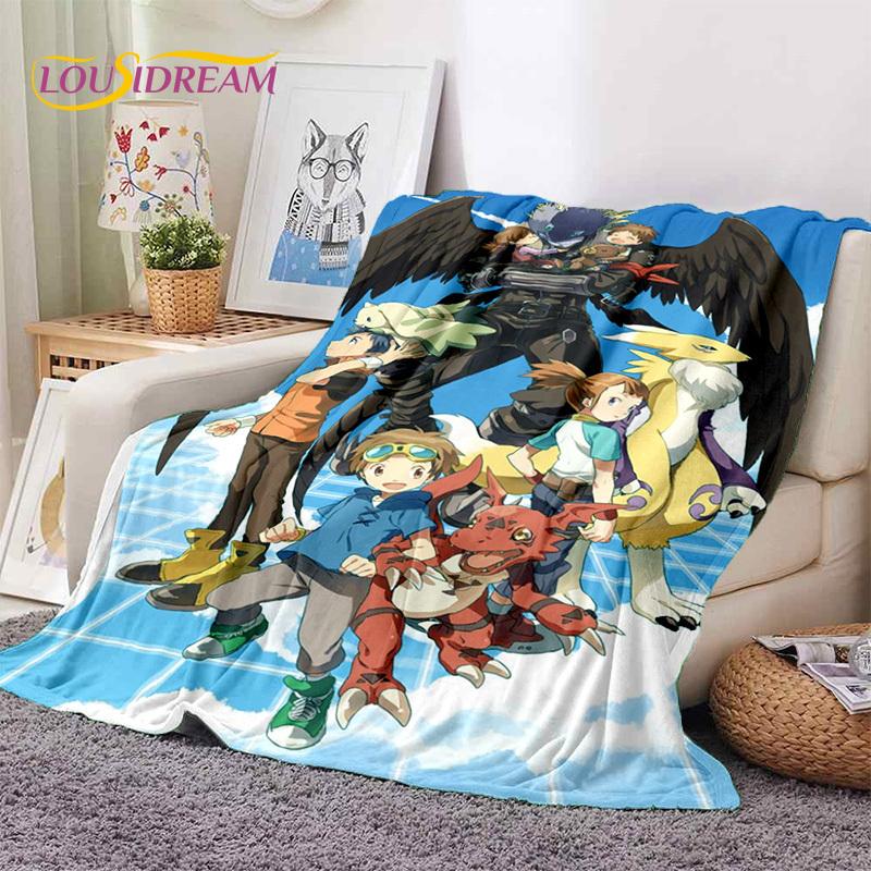 Retro Digimon Adventure Potwór Kreskówka Miękki Koc Flanelowy, Koc do Rzucania Wygodny Koc na Piknik Łóżka Kanapę Domowy Sypialnia