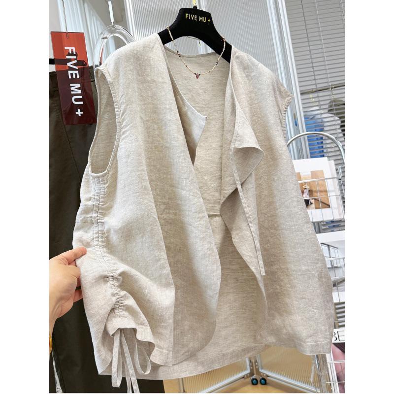 2026 Women's Spring/Summer Layered Pure Linen Vest Shawl - High-End Sleeveless Jacket