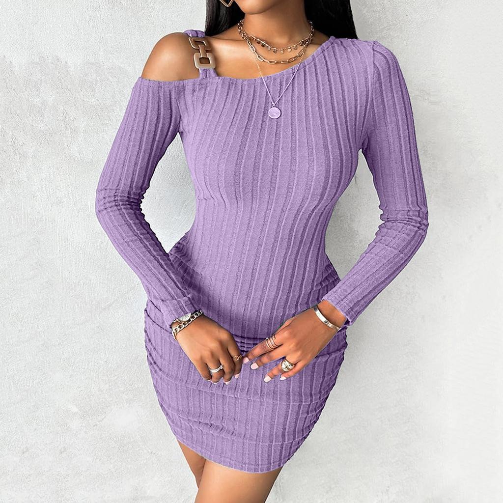 Women's Color Off-the-shoulder Slant Collar Design Sense Bodycon Dress, Stylish, Slim, Sexy Long-sleeved Dress