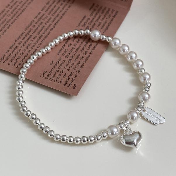 Stříbro ryzosti 925 Perlový korálek Srdce Přívěsek Charm Náramky pro ženy Minimalistické Roztomilé Jemné Šperky Doplňky