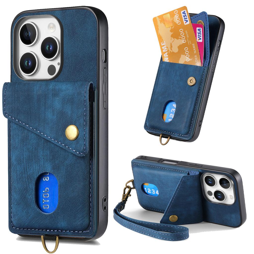 Kickstand Leather Wrist Strap Wallet with Card Holder Phone Case for iPhone 16 15 14 11 Pro Max XS XR 7 8 Plus 13 12 Mini Cover