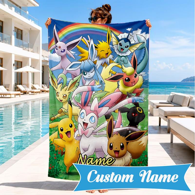 Custom Name Beach Towel Pikachu Friends Microfiber Beach Towel Super Soft & Absorbent for Bath, Beach, Travel Bath Time Accessory, Fan gifts