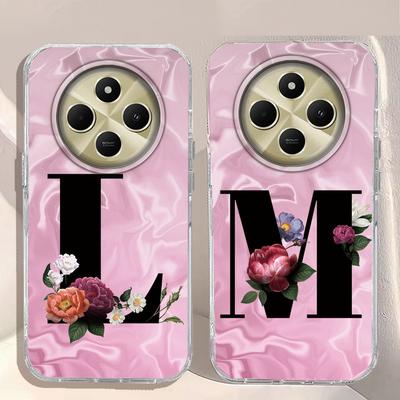 A-Z Black Letter Peony Flower  Shockproof Phone Case For Xiaomi Redmi Note 14 15 Pro+ Plus 15C 14C Silicone Couple Shell Cover