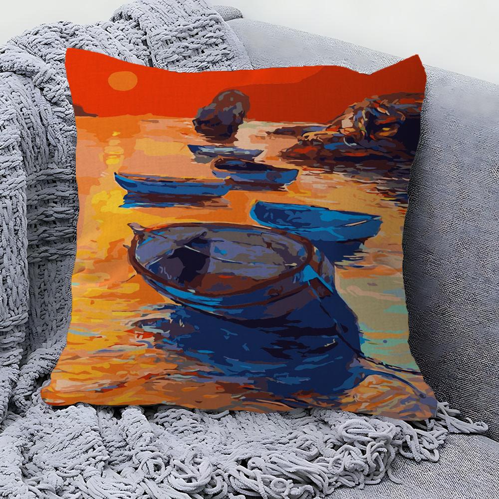 Boat Bay Beach Canvas Painting Pillow Gift Home Office Decoration Pillow Bedroom Sofa Car Cushion CoverPillow Case