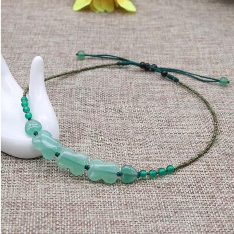 GEMCHIC Women's Ethnic Style Green Aventurine Choker Necklace Natural Stone Adjustable Cord Collarbone Chain Vintage Jewelry