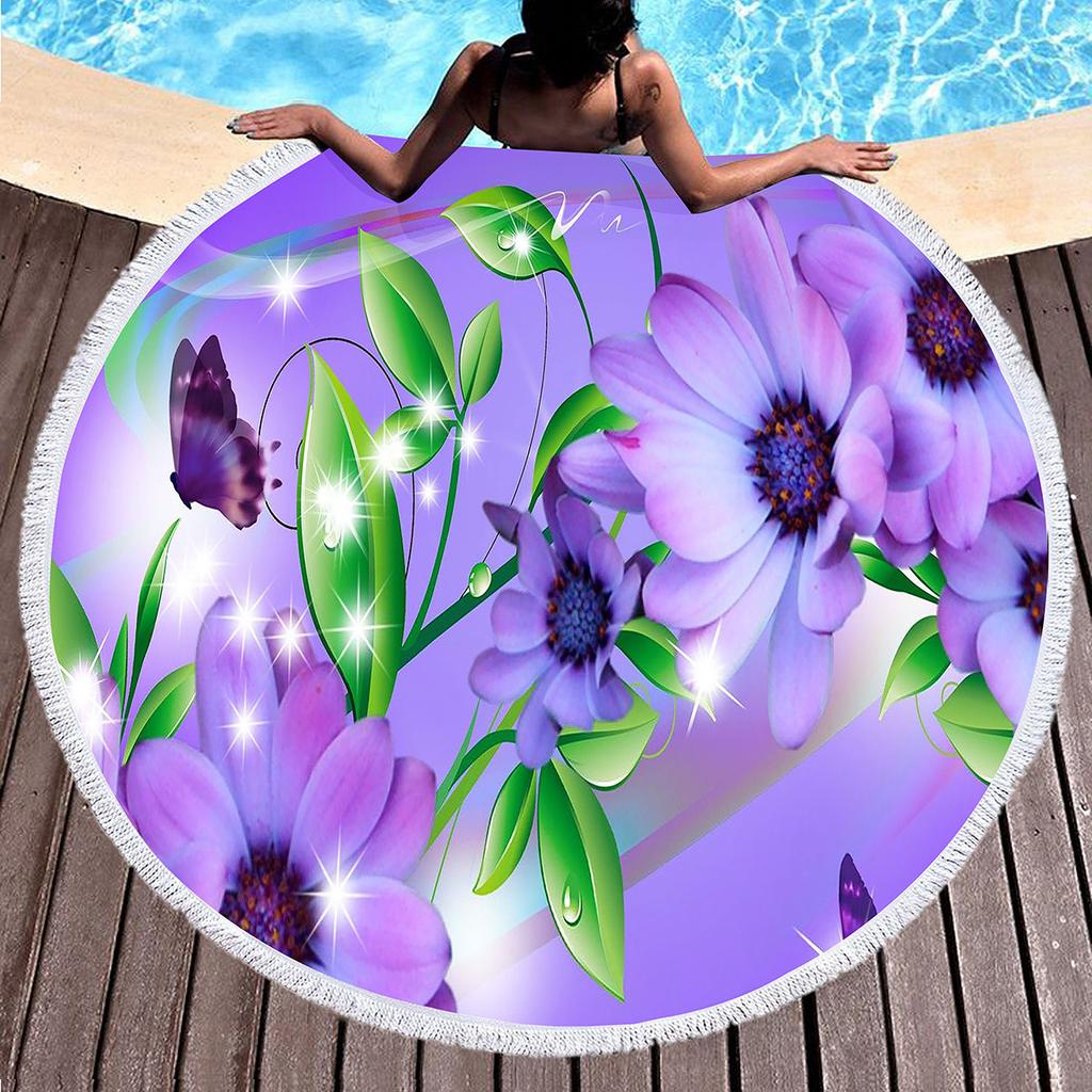Vintage Floral Round Beach Towel with Tassels, Farmhouse Flower Beach Blanket, Soft Microfiber Yoga Meditation Mat Picnic Rug