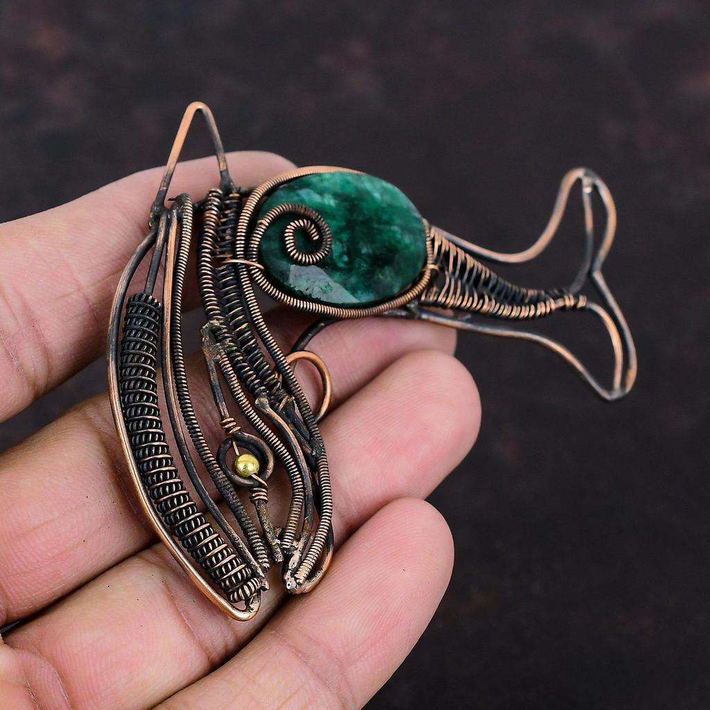 Facettierter sambischer Smaragd Anhänger Kupferdraht gewickelt Anhänger Antiker Fisch Anhänger Edelstein handgemachter Anhänger Kupferdraht Schmuck Hochzeitsgeschenk