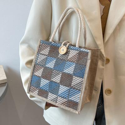Plaid Canvas Hand-held Burlap Bag Fashionable Hand Held Lunch Box Lunch Bag Ins Student Small Shoulder Bag Women