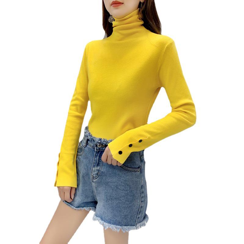 Women's High Neck Knit Top: Versatile Slim Fit Turtleneck Sweater, Autumn/Winter 2023 Collection, Patchwork Design.