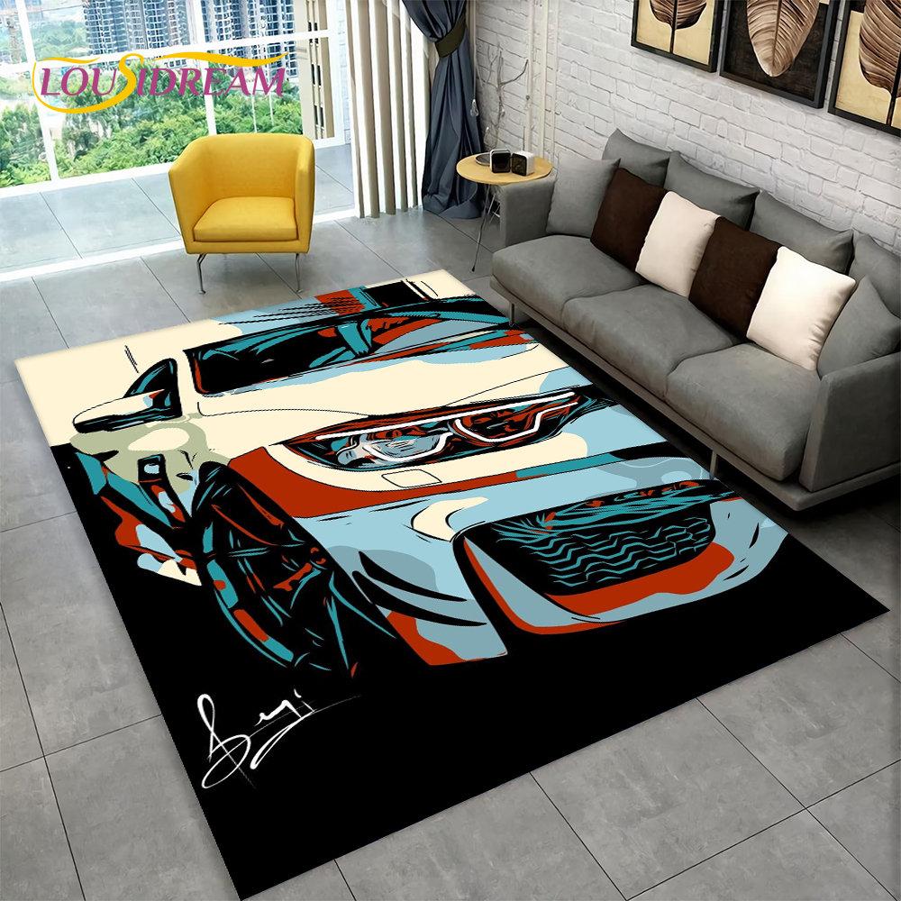 Großer 3D-Teppich mit Rennwagen, Teppich für Zuhause, Wohnzimmer, Schlafzimmer, Sofa, Fußmatte, Dekor, Kinderspiel, Küche, rutschfeste Bodenunterlage