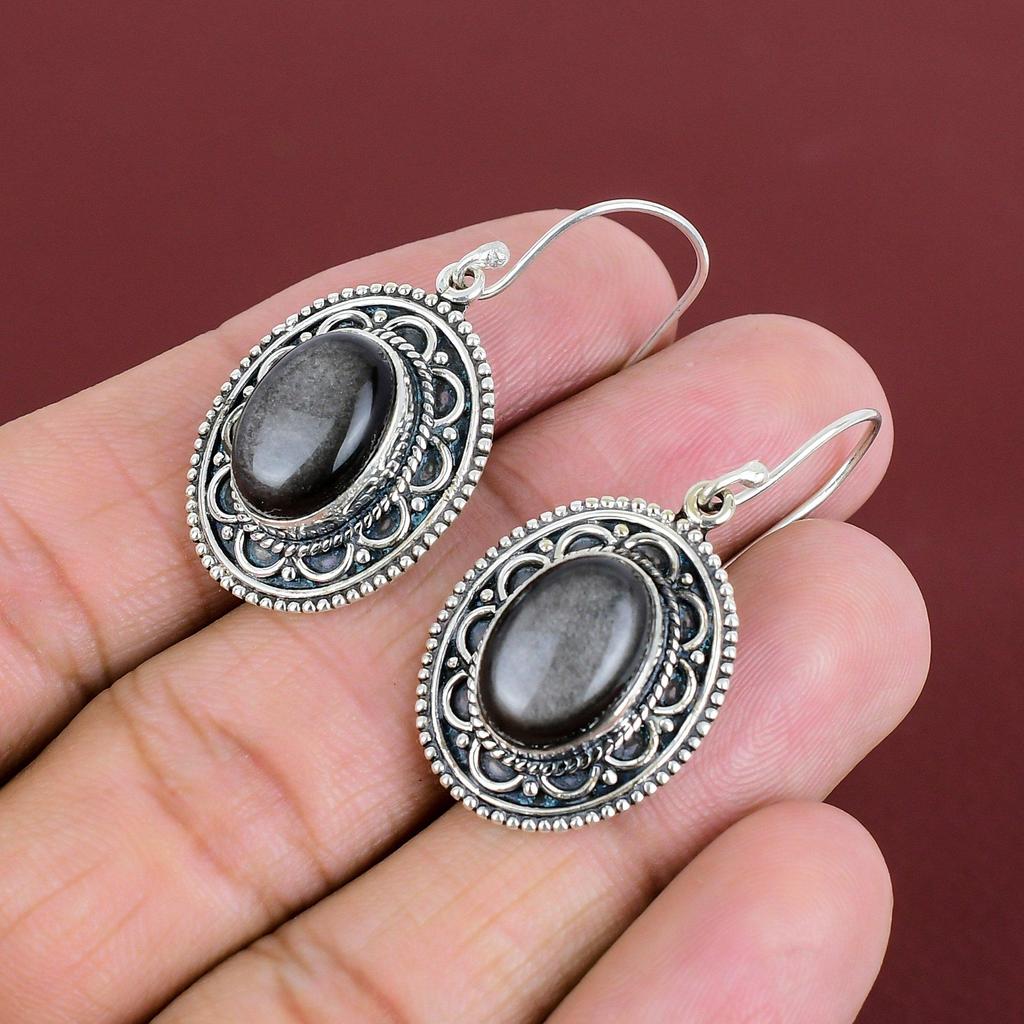 Silver Sheen Obsidian Gemstone Earring Stylish Vintage Earrings Handmade Jewelry 925 Sterling Silver Earring Antique Earrings Gifts For Wife
