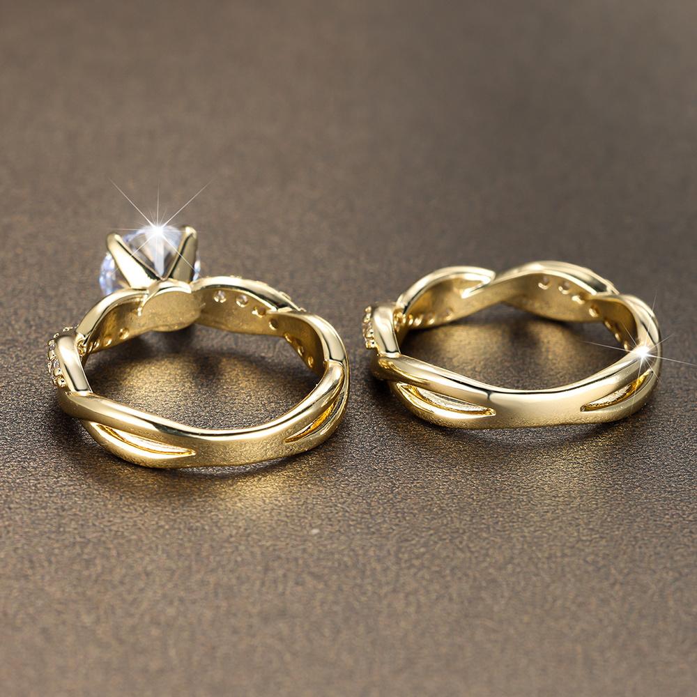 2Pc/Set Women's Dainty Golden Color Twist Round Cut White Stone Ring Set Bridal Engagement Ring Wedding Band Anniversary Gift
