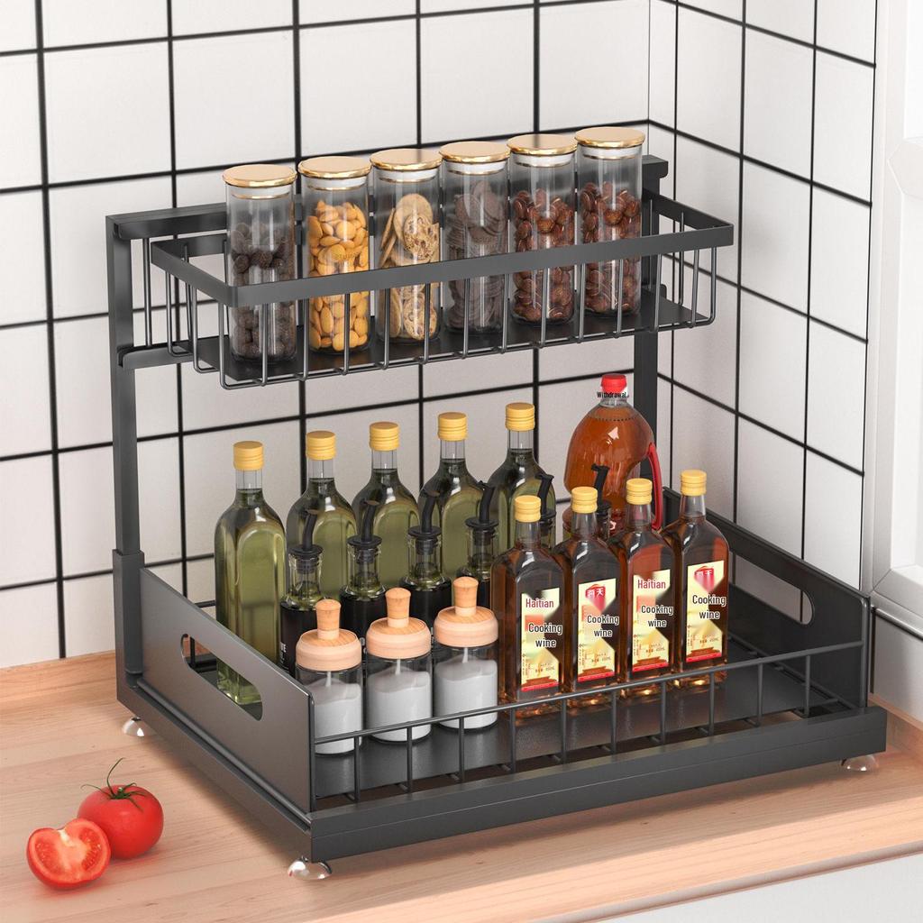 Under-Sink Pull-Out Storage Rack for Kitchen Cabinets - Layered Basket for Spices, Bowls, and Dishes