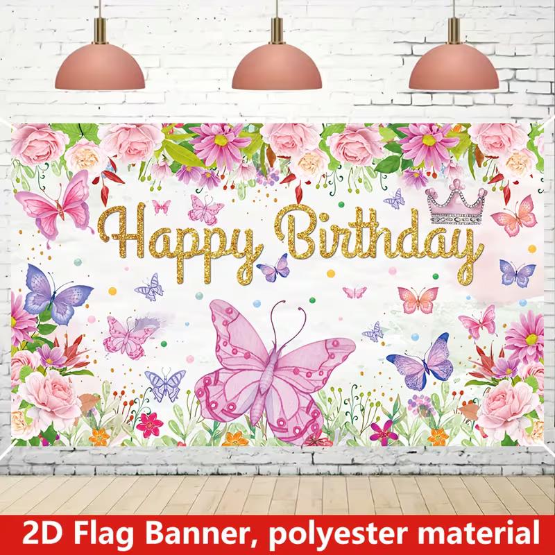 

2D Happy Birthday Backdrop, Pink Butterfly & Flower Photography Background for Girl s Themed Events 47.2x31.5inch/120*80cm