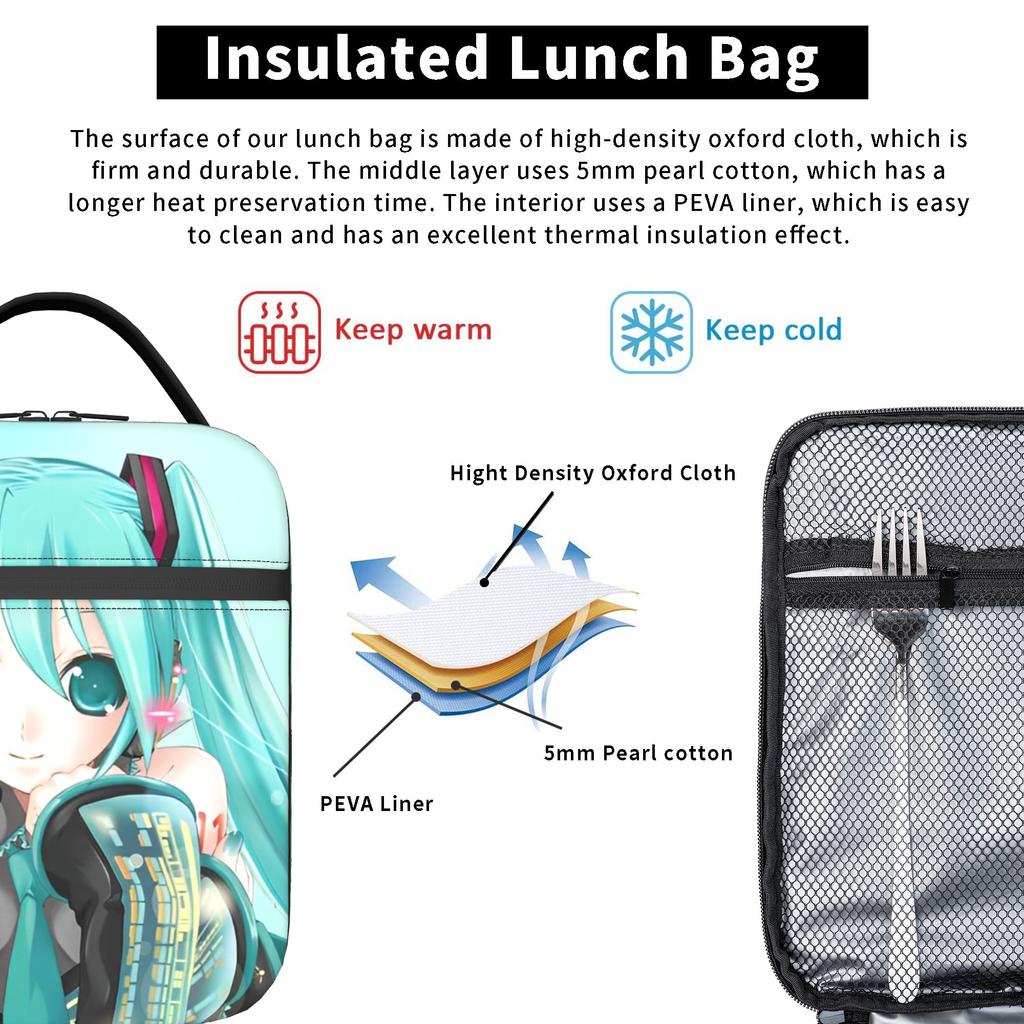 Hatsune Miku Anime Insulated Lunch Bags Cooler Bag Reusable,Lunch Container Portable Tote Lunch Box Food Storage Bags Beach
