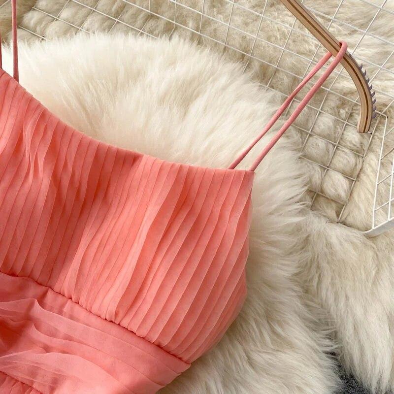 Sexy Mesh Strap One Piece Dress Women Sweet Ruffle A-Line Beach Party Dresses Female Fashion Solid Design Elegant Clothing 2024