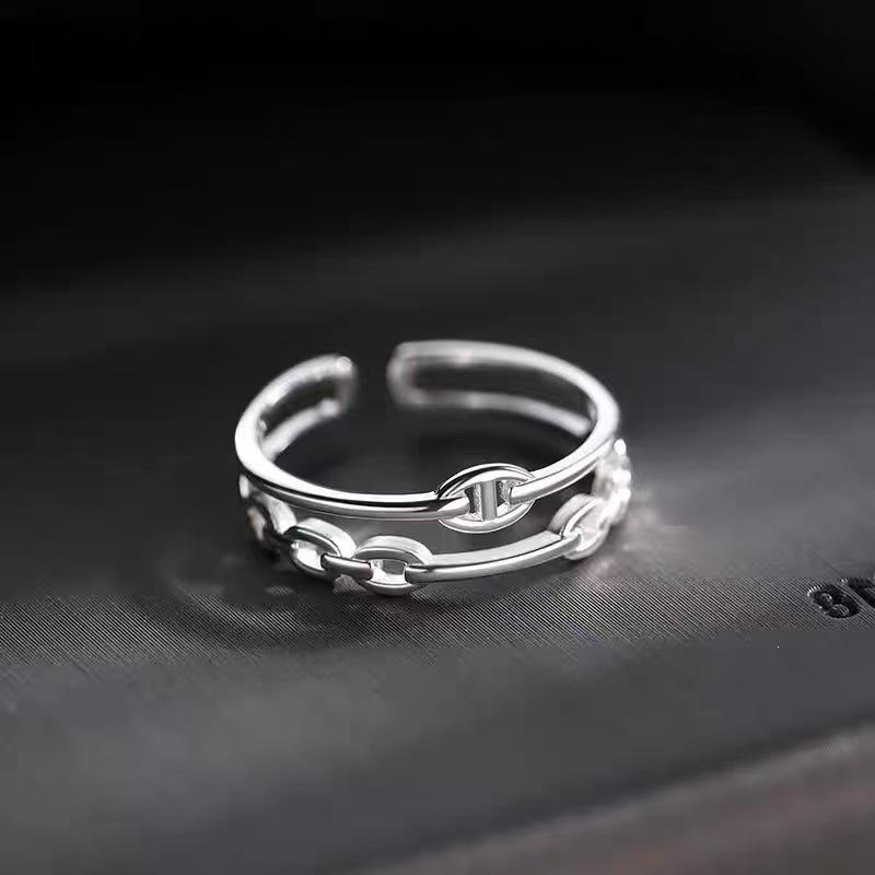925 Sterling Silver Double Layer Pig Nose Open Ring - Women's High-Grade Plain Band for Index Finger, Niche Design