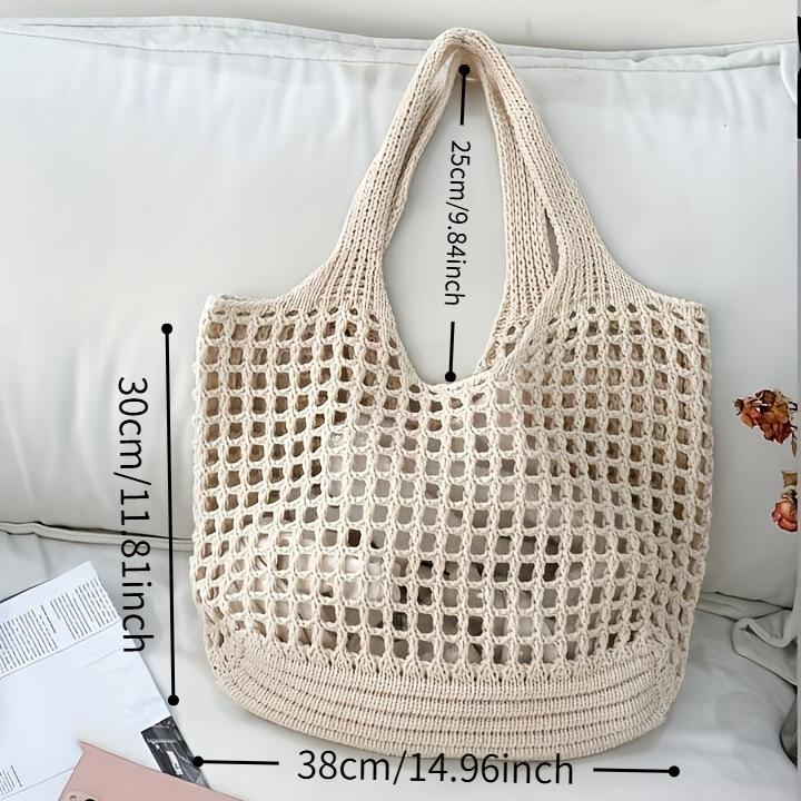 1pc Women'S Crochet Tote , Large Capacity Hollow Woven Shopping with Fixed Shoulder Strap,Ideal for Travel, Bags for Women