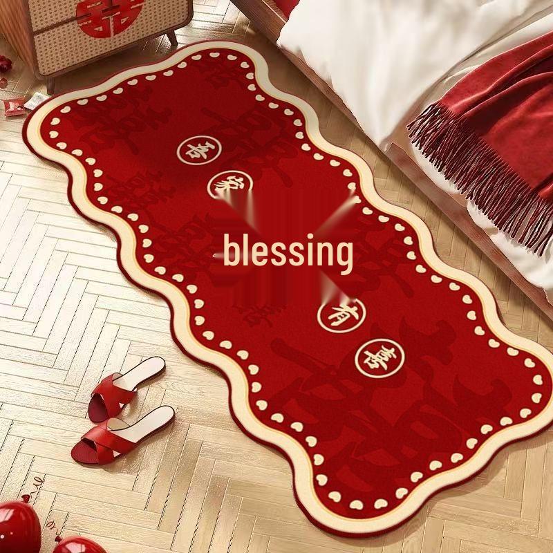 Толстый красный свадебный прикроватный коврик - Нескользящий праздничный коврик для спальни невесты Double Happiness Pattern