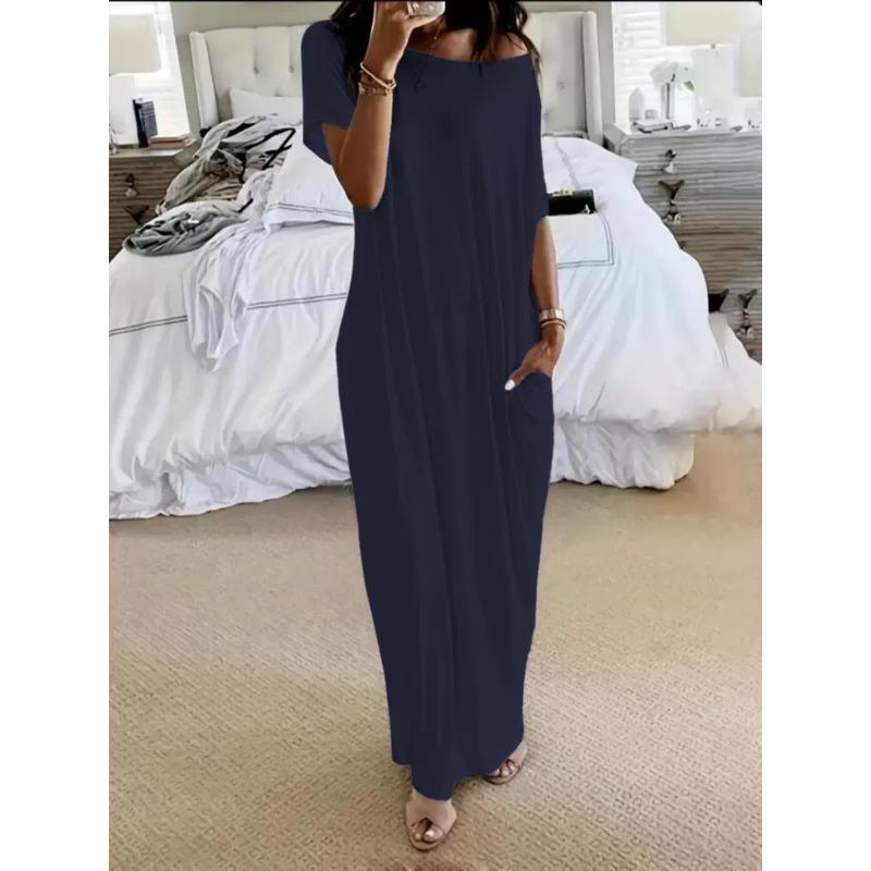 Popular European and American summer new women's clothing solid color short-sleeved long casual dress
