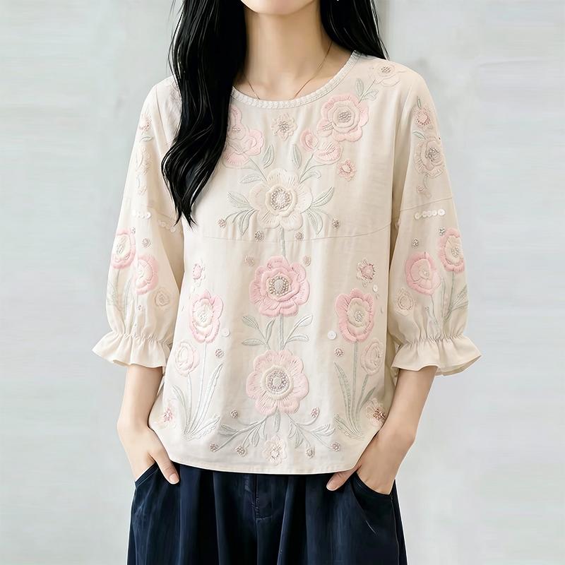 ZANZEA Camicetta Casual da Donna con Stampa Floreale, Girocollo, Manica 3/4
