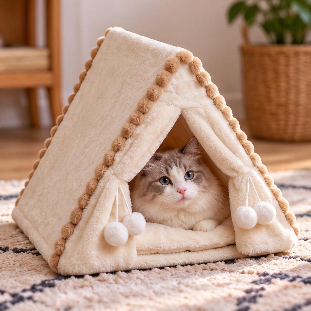 Pet Tent Bed for Small Cats and Dogs, Size S 383842 cm, Fits Up to 8.8 lb, Plush with Brown Ball