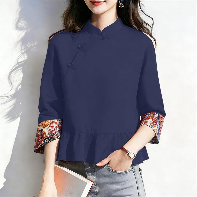 ZANZEA Damen Lässige Stehkragen Patchwork 3/4 Ärmel Retro Bluse