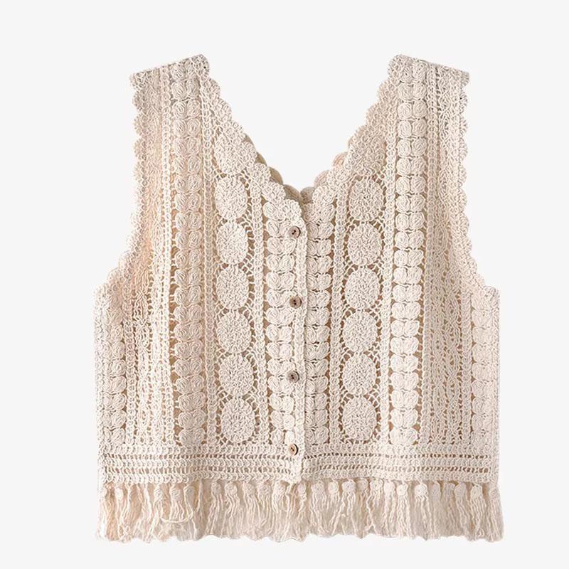 Crochet Vest Fringed Sleeveless Hollow-out Openwork Button-front Knit Blouse Sweater Vest Women Boho Festival Spring Summer 2026
