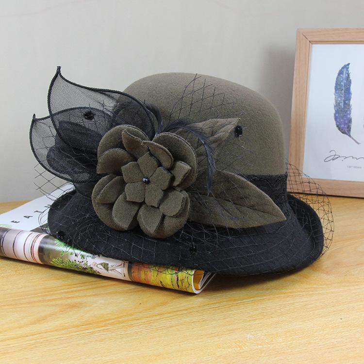 Woolen hat women's autumn and winter British retro versatile basin hat European and American Hepburn mesh flower crimped top hat