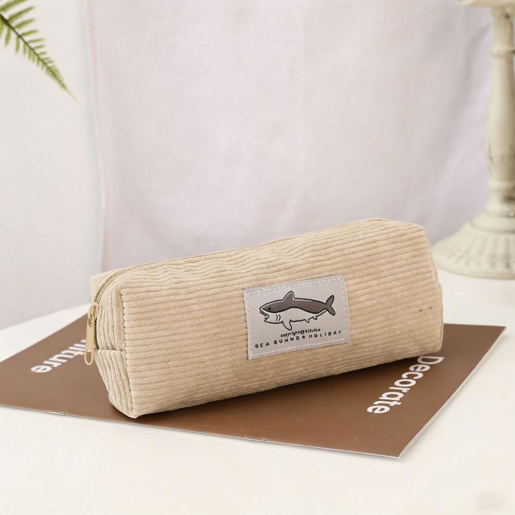 

1Pcs Cute Shark Embroidery Corduroy Pencil Case Korean Style Unisex Dirty Resistant Large Capacity Stationery Organizer for Girls Kids School Office бежевый