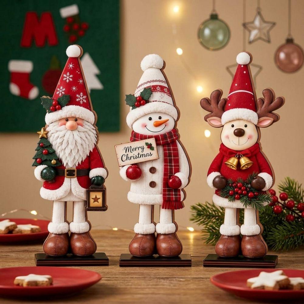 3Pcs Vintage Santa Snowman Reindeer Figurines Set Christmas Table Plaques  Festive Atmosphere