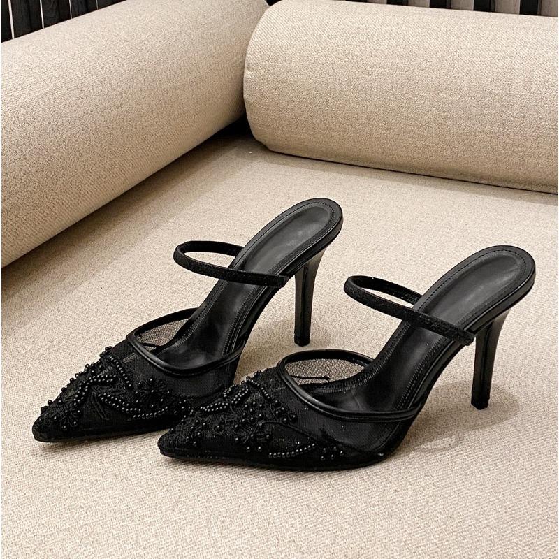 Luxury Brand High Heels Women Sandals Mesh Embroider Elegant Pointed Ladies Slingback Designer Party Wedding Bridal Dress Shoes
