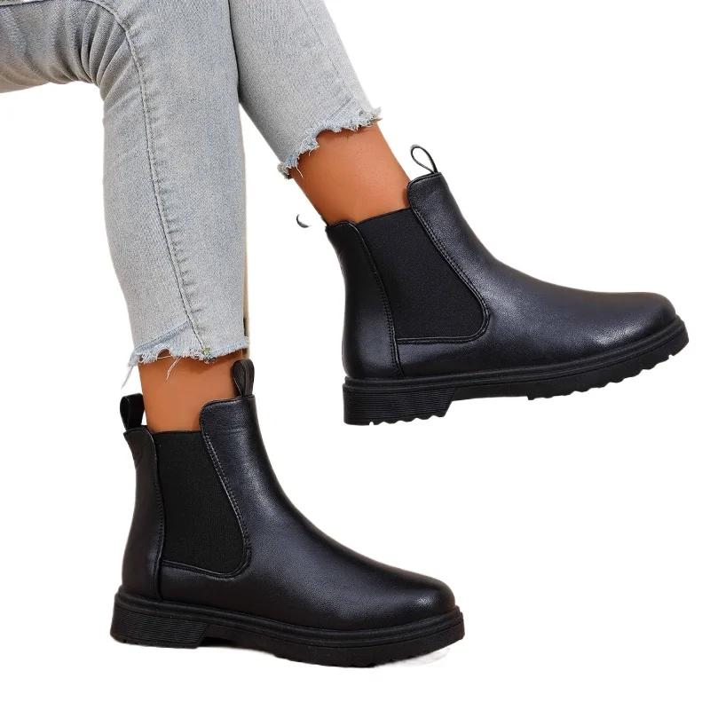 Womens Boots Casual Chelsea Ankle Boots Round Toe Black Pu Leather Short Boots Woman Comfort Low Heels Slip On Shoes Botas Mujer