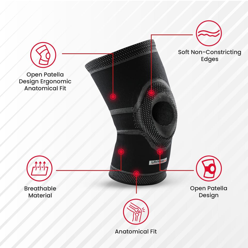 Life Wear Knee Cap Open Patella, Adjustable Knee Support Brace, Anatomical Design for Stability, Non-Constricting Edges and Open Patella for Pain