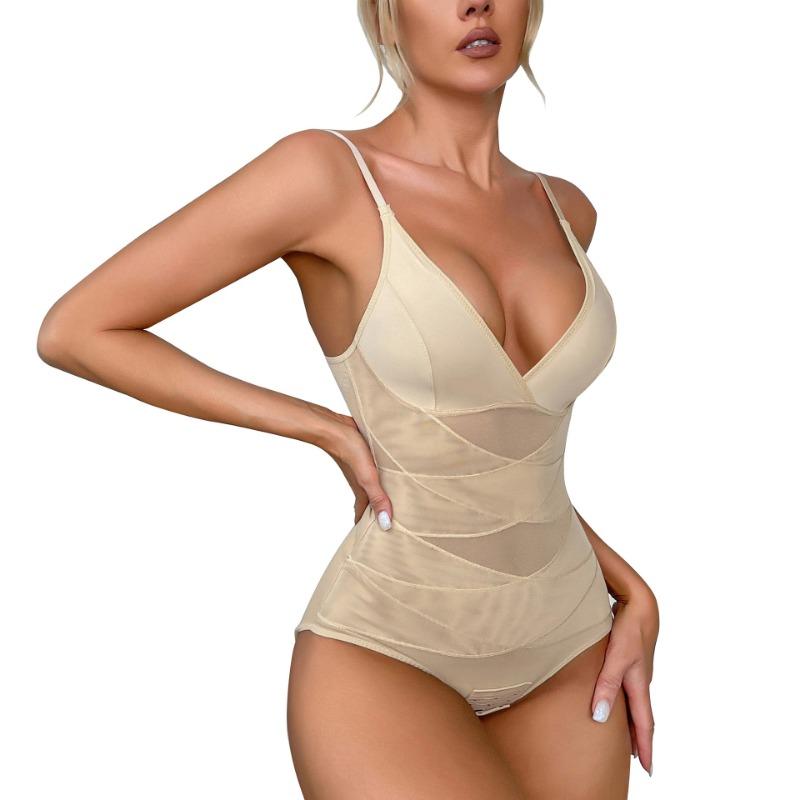 Formgebender Jumpsuit mit V-Ausschnitt, Leichte Formung Bauchkontrolle, Po-Anhebung, Körperformendes Korsett, Push-up Bustkorsett, Mesh