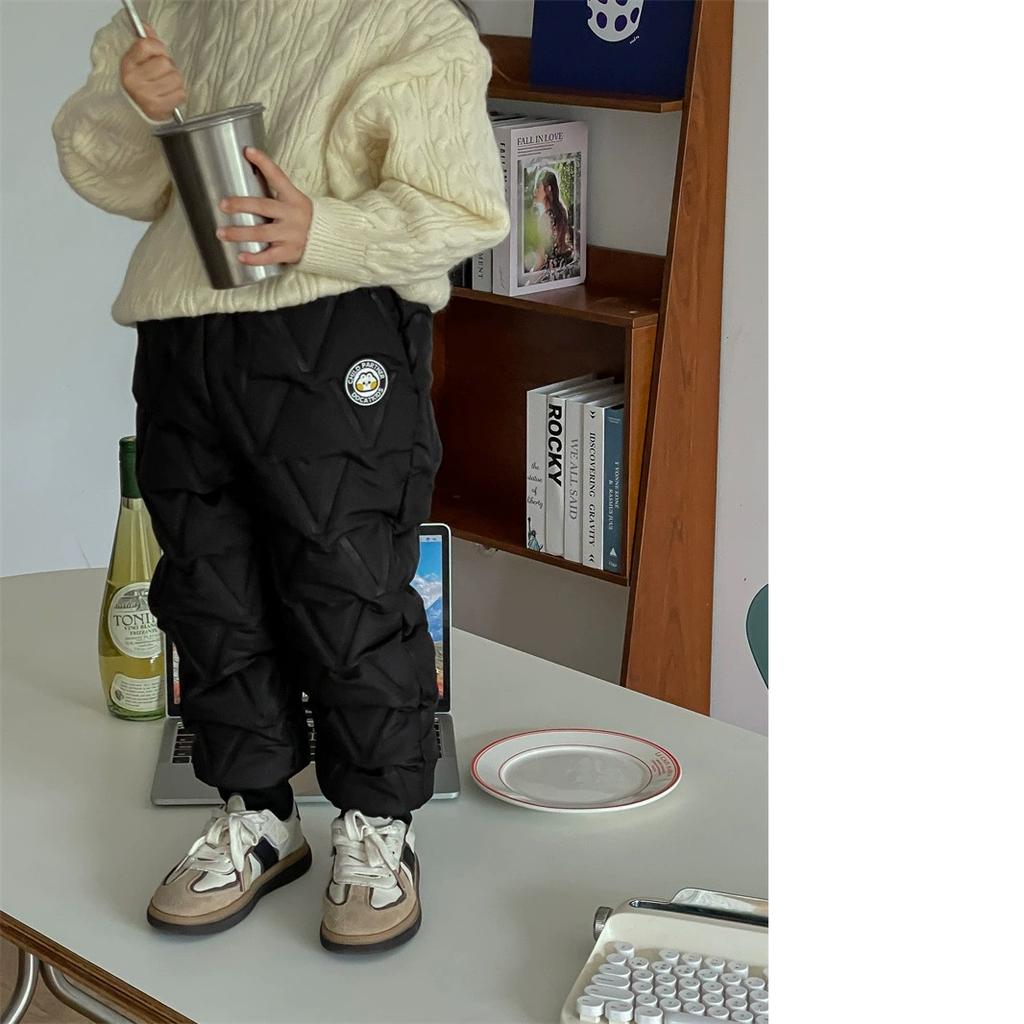 Autumn Winter Childrens Down Pants Kids Thick Cotton Ski Pants Boys Girls Winter Plus Velvet Warm Trousers Toddle Waterproof Outdoor Pants for 3-9Y