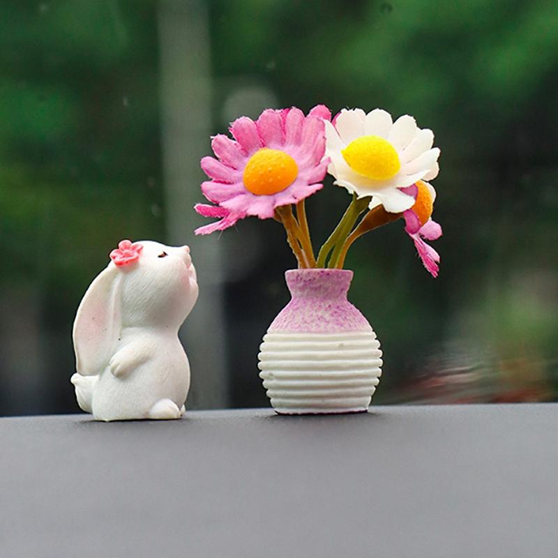 Cute Mini Bunny And Daisy Flower Vases Car Dashboard Decorations Fun Dashboard Ornament Kawaii Car Interior Accessories Rearview
