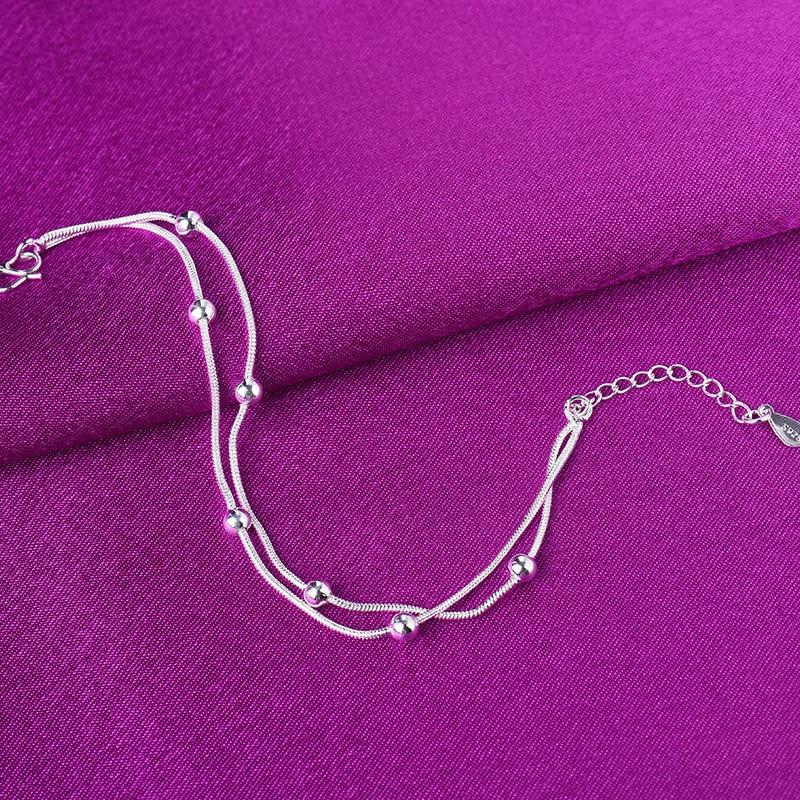 Doppelschichtige 925er-Sterlingsilber-Gliederkette, runde Perlen-Charme-Armbänder und Armreifen, Fußkettchen für Frauen, Hochzeit, Schmuck, A178