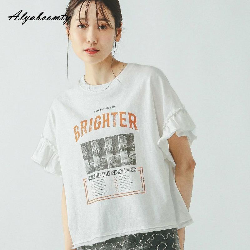 Korean Fashion Summer Women Baggy Cotton T-Shirt O Neck White Gray Letter Print Casual Loose Top Flare Sleeve Ladies' Basic Tee