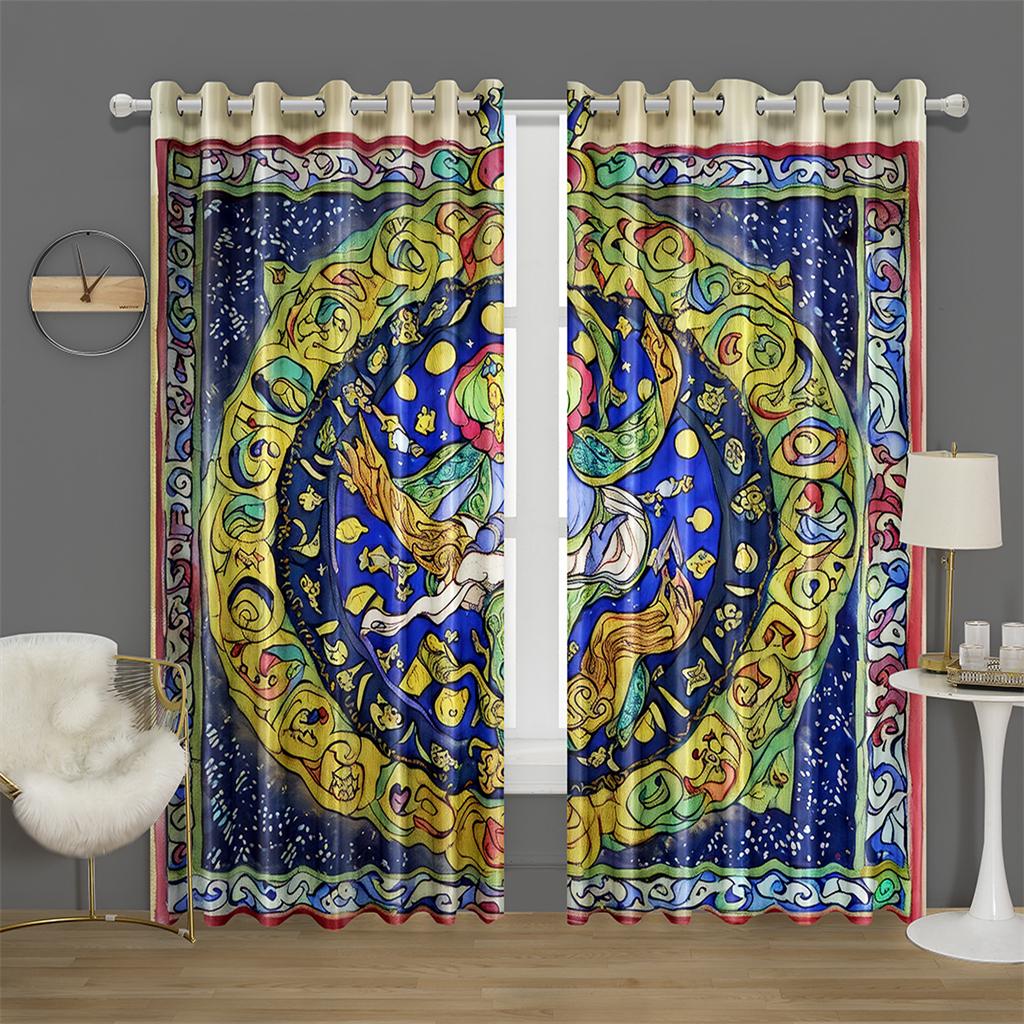Mystic Zodiac Curtains 2 Panels 3D Print Sun Block Gold Blue Magic Pattern Bedroom Living Room Decor Starry Astrology Art