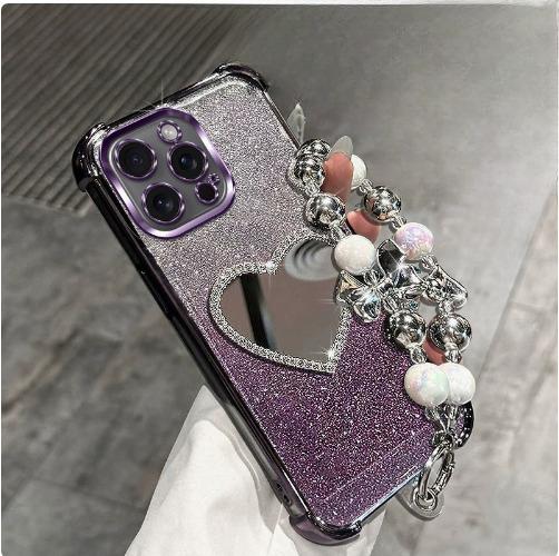 Glitter Plating Love Mirror Bracelet Case for iPhone 16 16E 15 14 Plus 13 12 Mini 11 Pro XS Max XR X Shockproof Silicone Cover
