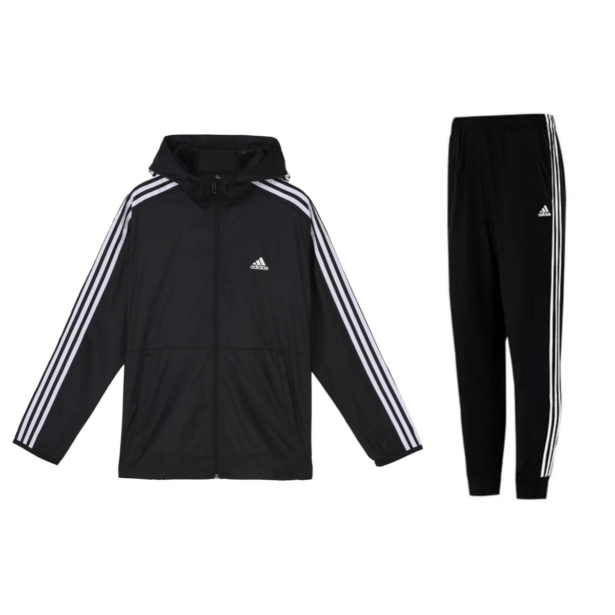 

Adidas Classic Windbreaker Hooded Jacket Retro Stripe Splicing Sweatpants Casual Sports Suit Men Sportswear Black GQ0600+H46105 S
