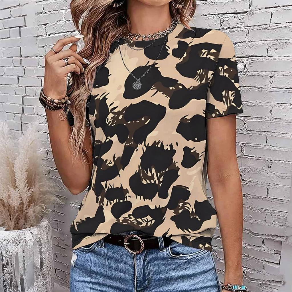 Fashion Women Retro Geometry and Leopard Pattern Patterns Print T Shirt Funny Casual O-neck Short Sleeves T-shirt Summer Female Tee Shirt