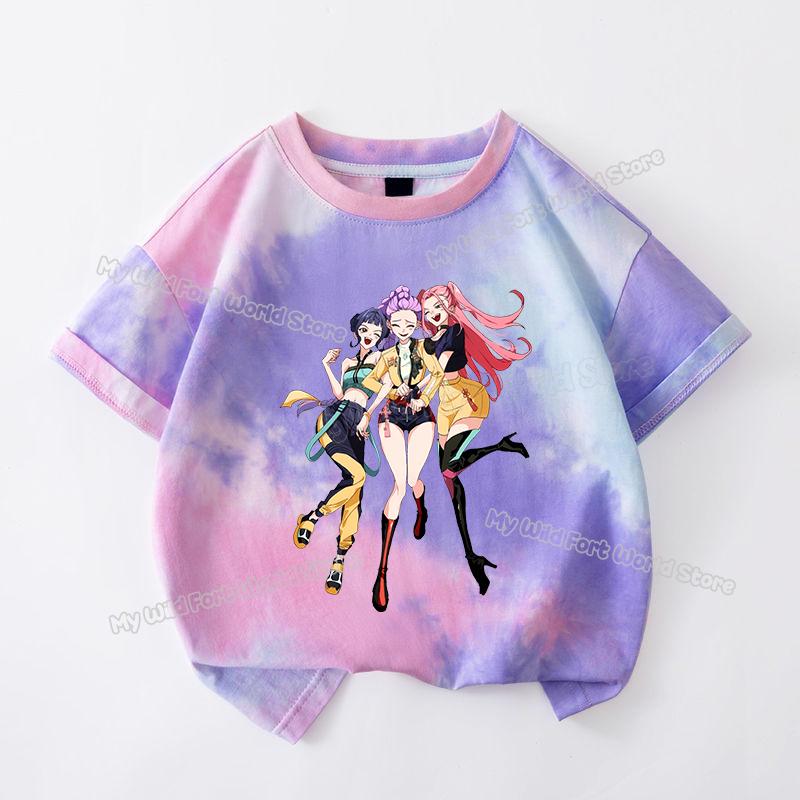 Haijian03 KPop Demon Hunters Tie-dye T-shirt voor Meisje Tops met Korte Mouwen Rumi Mira Zoey Print T-shirts Leuke Zomer Kinderkleding 120